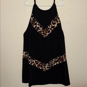 Black Leopard-Trim Halter Tank Top - Women